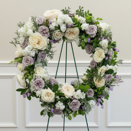 Floral wreath with white, purple, and green flowers for sympathy