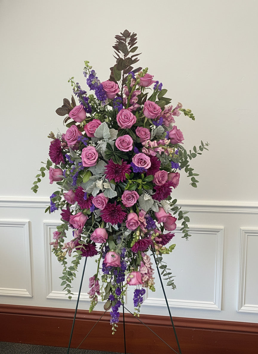 standing spray for funeral with snapdragons, roses, mums, larkspur, eucalyptus, dusty miller on a wire easel